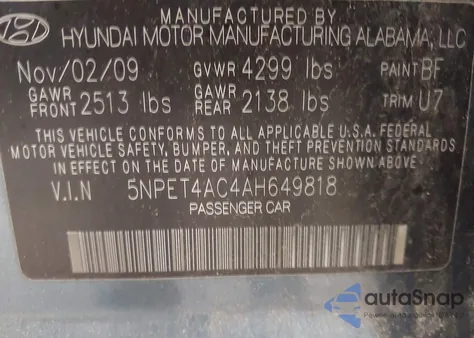 2010 Hyundai Sonata Gls из США, поврежденный, VIN 5NPET4AC4AH649818